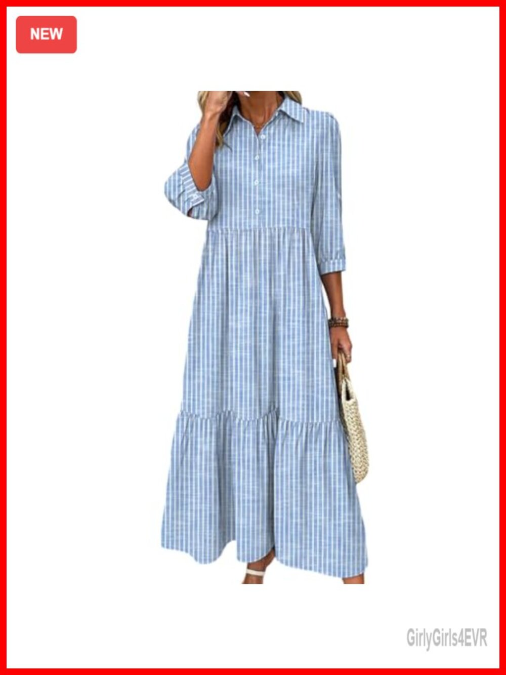 Womens Striped Tiered Maxi Shirt Dress 3/4 Sleeve Puff Sleeve Button Down